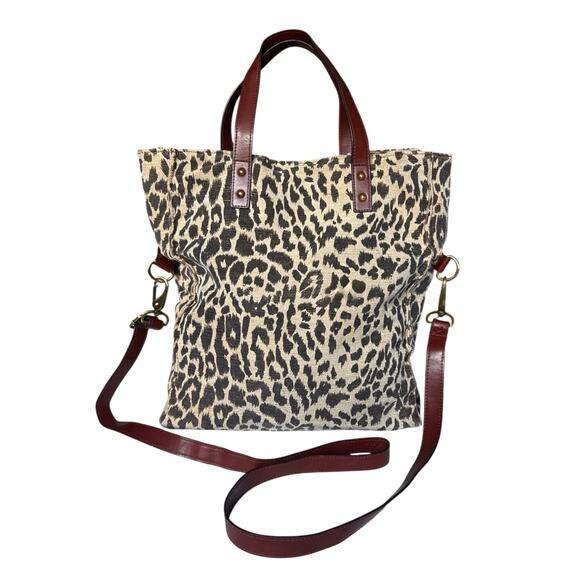 Forever 21 Handbags - Animal Print Transport Tote Canvas Brown Beige Tall Top Handles Crossbody Strap